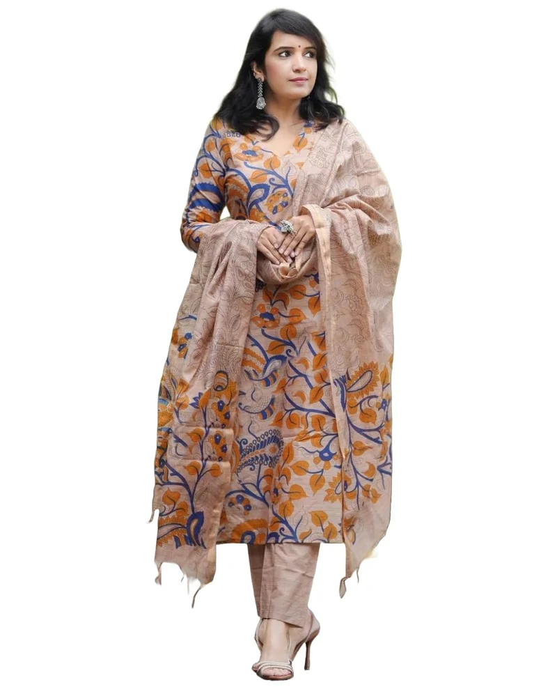 GoSriKi Women's Rayon Blend Printed Straight Kurta with Pant & Dupatta (Kalam Chiku-GS_3XL_Beige_XXX-Large)